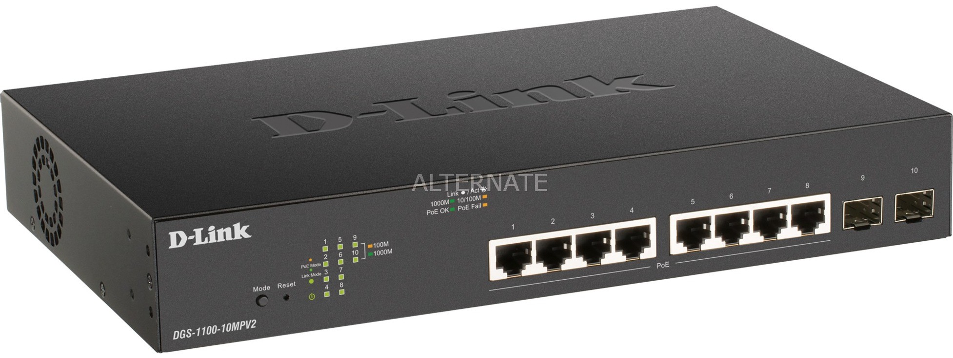 D-Link DGS-1100-10MPV2 łącza sieciowe Zarządzany Gigabit Ethernet (10/100/1000) Czarny 1U Obsługa PoE, Przełącznik