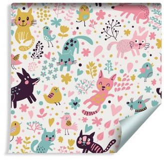 Muralo Tapeta Dla Dzieci Kolorowe Kotki Pieski i Ptaszki 260116418