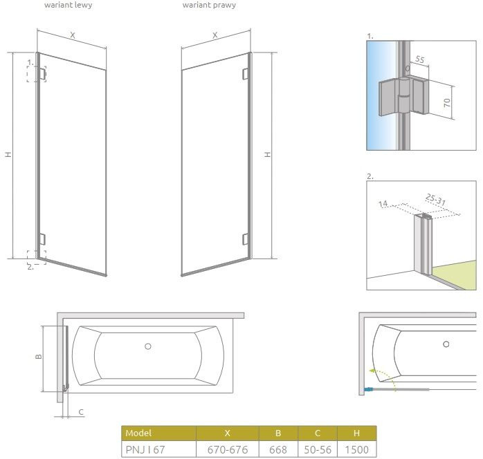 Radaway Carena PNJ I Parawan uchylny 67x150 cm lewy 1202101-101L