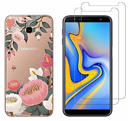 Samsung NOVAGO Novago Kompatybilny z Galaxy J4 Plus/J4 + etui ochronne, miękkie, wytrzymałe, odporne na uderzenia, z nadrukiem + 2 folie ochronne na wyświetlacz ze szkła hartowanego (małe kwiaty) J4PlusCoque