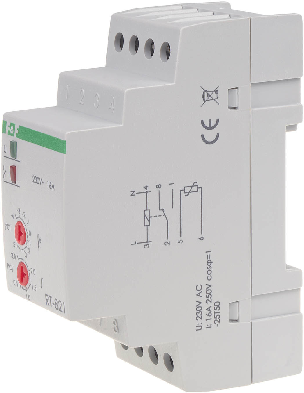 F&F Regulator-temperatury-zakres-temperatur-4÷5°C-bez-sondy-montaz-na-szynie-DIN-styk-1NO-NC-230V-AC-RT-821B RT-821B