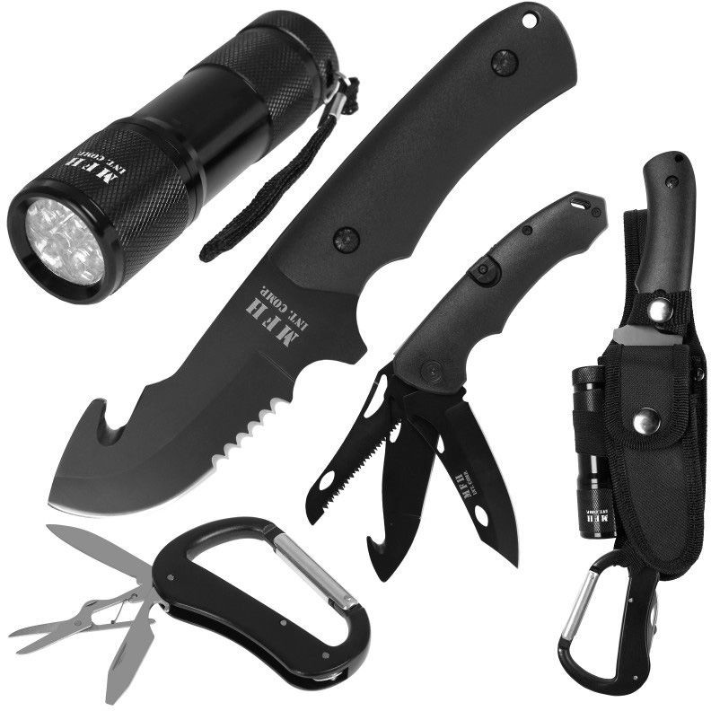 MFH Zestaw dwóch noży z latarką i karabińczykiem Black (45451A) 45451A
