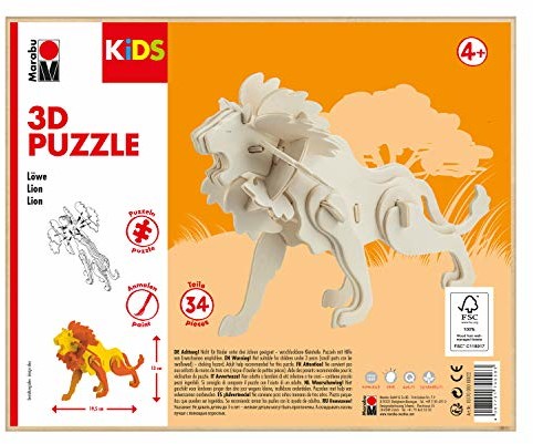 Marabu Marabu 31700000022 - KiDS 3D drewniane puzzle lew, z 34 elementami puzzli z drewna z certyfikatem FSC, wielkość ok. 19,5 x 13 cm, prosta technika wtykowa, do indywidualnego malowania i tworzenia 0317000000022