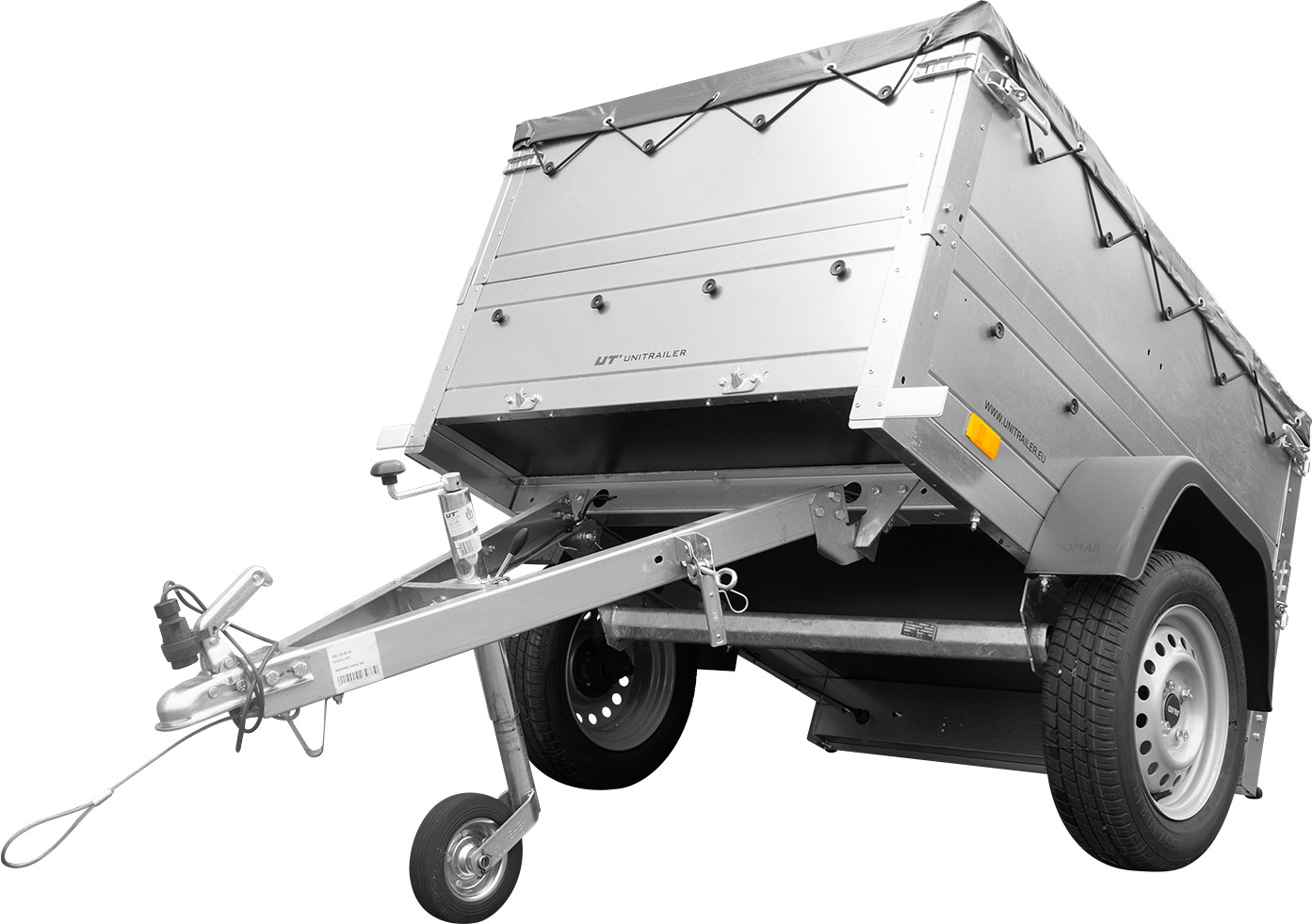 UNITRAILER Przyczepa Unitrailer GARDEN TRAILER 150 KIPP (NEW) z kołem podporowym, burtami BIS i szarym pokrowcem płaskim UT004172