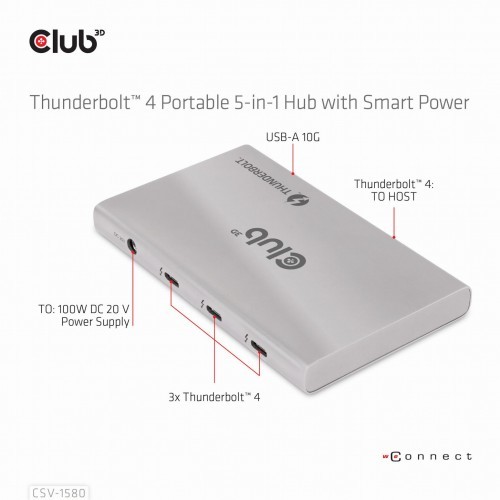 Club 3D Hub 3D CSV-1580 Thunderbolt 4 Portable 5-in-1 Hub with Smart Power CSV-1580