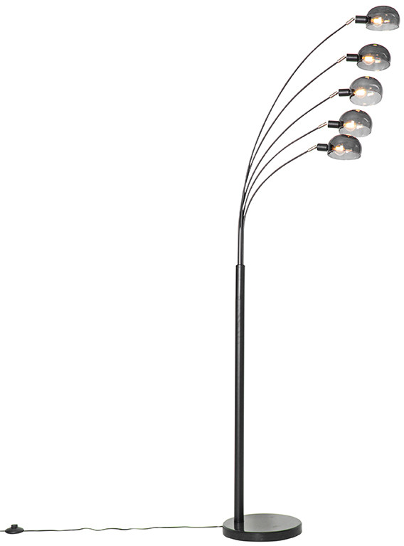 QAZQA Designerska lampa podłogowa czarna z przydymionym szkłem 5-punktowa - Sixties Marmo