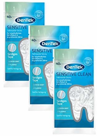 DenTek Sensitive Clean pałeczki z jedwabiu dentystycznego  do wrażliwych dziąseł  wąskie zęby  czyszczenie zębów  smak mięty  fluoryd  wykałaczka  środek do czyszczenia języka