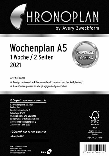 AVERY Zweckform Chronoplan 50231 wkład do kalendarza 2021, tygodniowy plan A5 w kolumnach (148 x 210 mm), kalendarz zamienny, idealny do szczegółowego planowania tygodnia, wiele otworów (1 tydzień na 2 stronach), bia