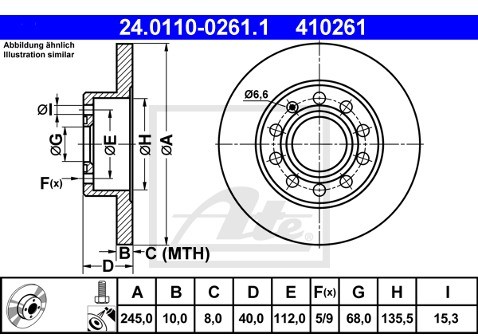 ATE TARCZA HAM 24.0110-0261.1 AUDI A4 1.6 00-04, 1.8T 02-04, 1.9TDI 01-04  24.0110-0261.1