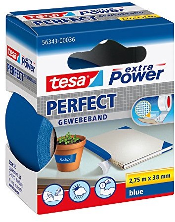 TESA extra Power Perfect tkaninowa taśma klejąca do majsterkowania samoprzylepna taśma wzmacniana tkaniną szeroka gama zastosowań 2,75 m x 38 mm, niebieski 56343-00036-03