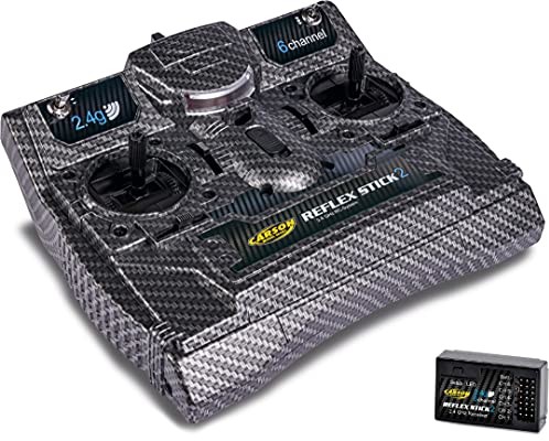 Carson 500501007 FS Reflex Stick II 2,4 GHz 6-kanałowy pilot zdalnego sterowania, pilot zdalnego sterowania z odbiornikiem do modeli pojazdów, takich jak pojazdy RC i statki, włókno węglowe 500501007