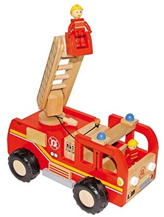 Small Foot by Legler Plaster straży pożarnej / samochód strażacki z lakierowanego na kolorowo drewna, z stopniowo regulowanymi drabinkami obrotowymi i koszem transportowym, w zestawie 2 figurki straży pożarnej z drewna