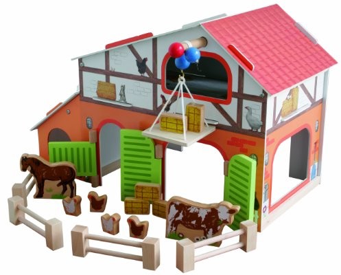 roba Bauernhof 'Farm', zadrukowana drewniana zabawka, zestaw ze stajnią, stajniem, podsiodłem, płotem i 6 gospodarstwami rolniczymi, możliwość wkładania
