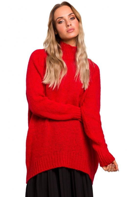 SukienkiShop Sweter damski oversize asymetryczny sweter z wełną czerwony - SukienkiShop