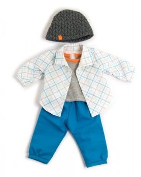 Miniland Ubranko dla lalki 40 cm niebieskie spodenki koszula i czapeczka