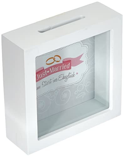NA Michel Toys Michel Toys Skarbonka Just Married z drewna 15,5 x 15,5 cm idealny prezent ślubny do postawienia i zawieszenia ramka zdjęcia z wrzutem biała, rozmiar uniwersalny 547648.3