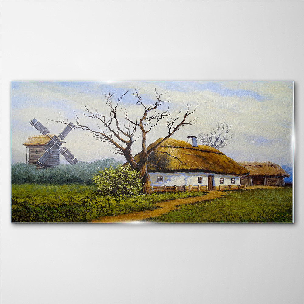 PL Coloray Obraz Szklany Malarstwo wieś chata młyn 120x60cm