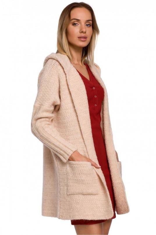 SukienkiShop Kardigan oversize z wełną i obszernym kapturem wąskie rękawy beżowy - SukienkiShop