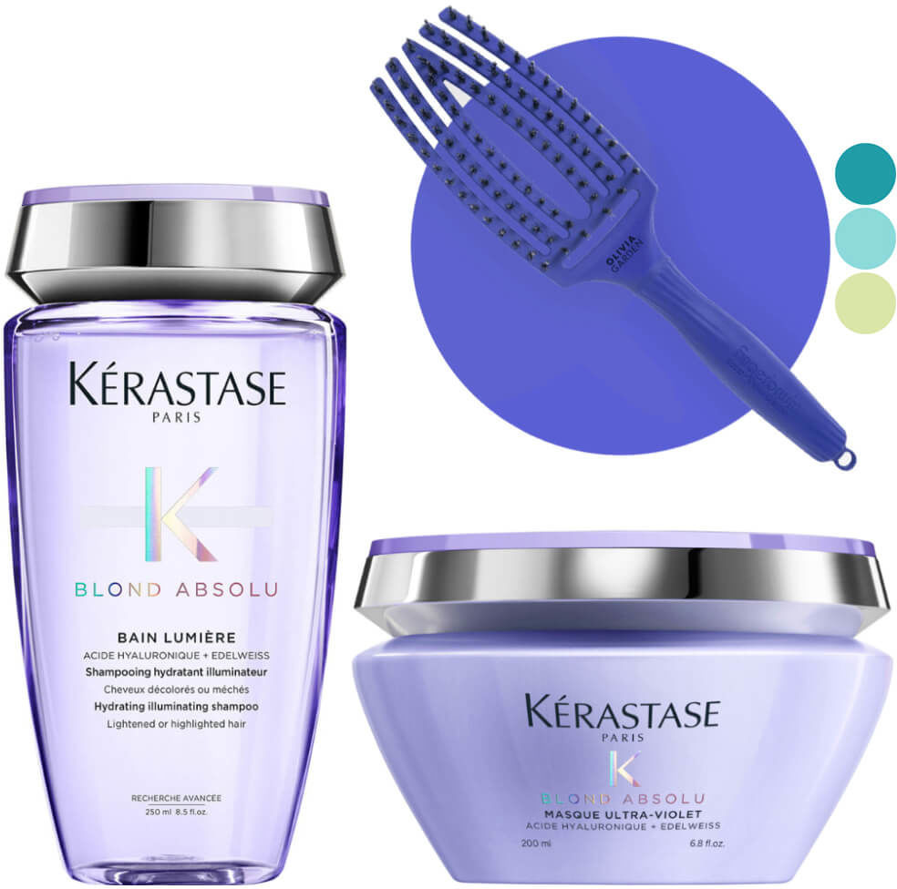 Kerastase Blond Absolu - zestaw do włosów farbowanych na blond, szampon 250ml, maska 200ml i szczotka Olivia Garden Fingerbrush 12/zestaw