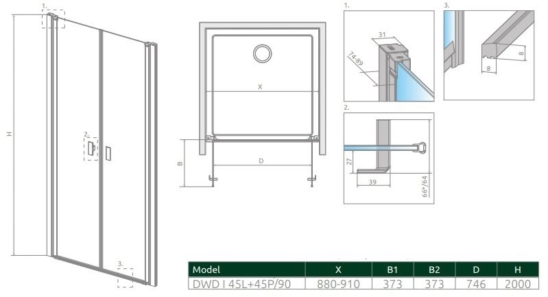Radaway Nes 8 Dwd I drzwi wnękowe 90cm przejrzyste 10077045-01-01L/10077045-01-01R |