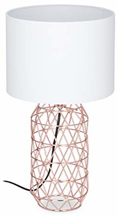Relaxdays lampa stołowa z kratką, okrągły klosz, metalowa podstawa, E27, lampka nocna, wys. x śr. : 45 x 25 cm, biała/różowo-złota