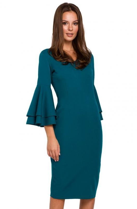 SukienkiShop Sukienka na wesele elegancka midi z bufiastymi rękawami niebieska - SukienkiShop