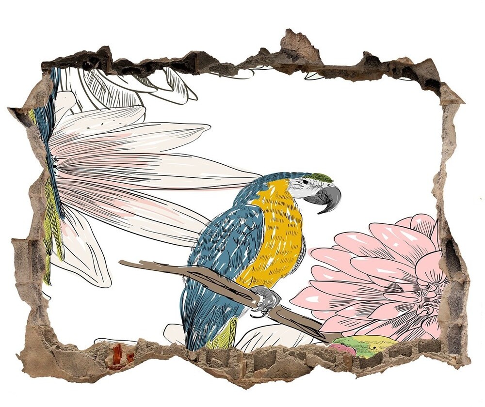 Wallmuralia.pl Dziura 3d fototapeta naklejka Papugi i kwiaty