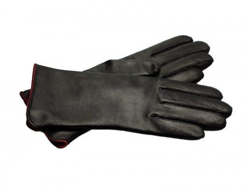 Damskie rękawiczki skórzane, czarne z czerwoną lamówką DZ-MD1-CZCZ-LAM