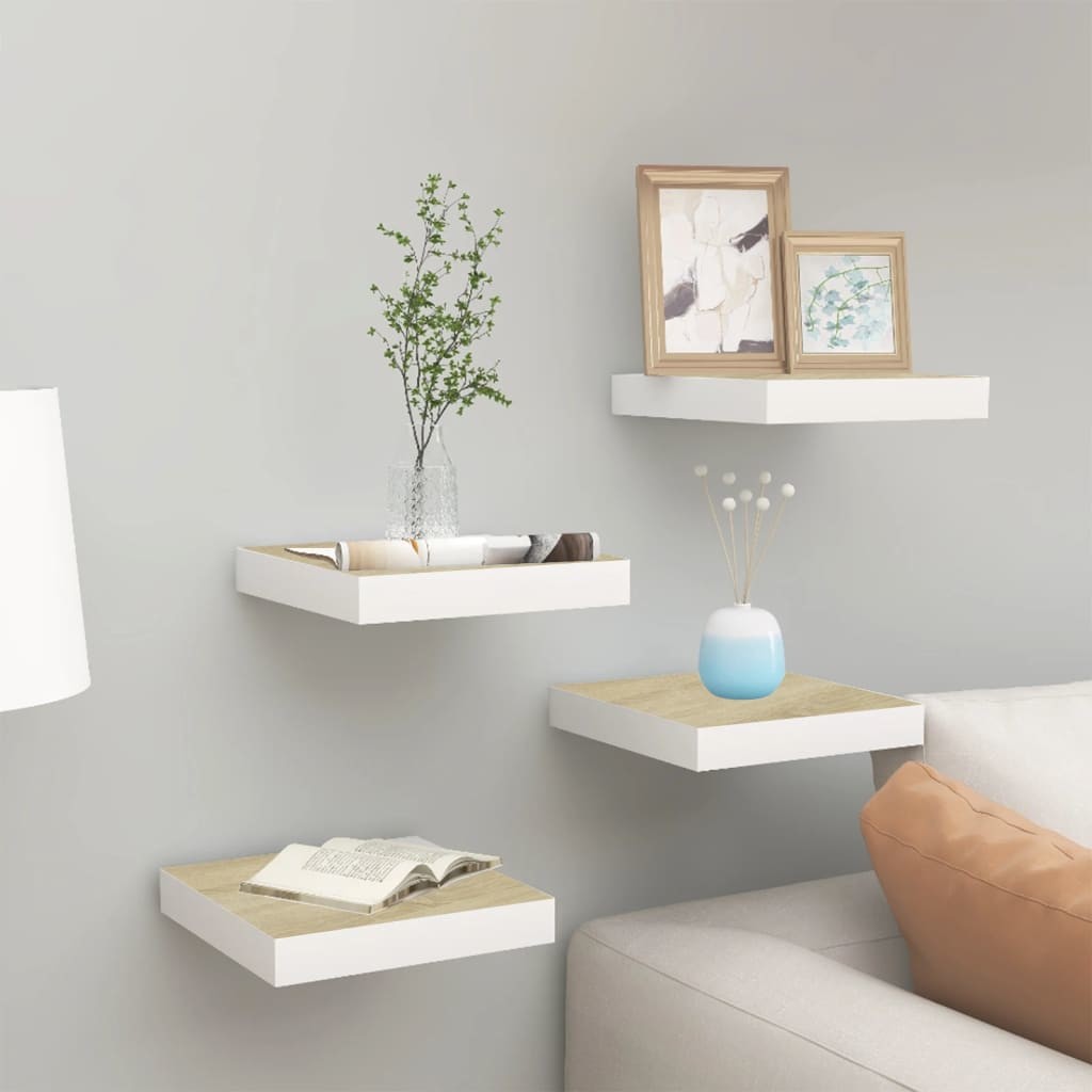 vidaXL Półki ścienne, 4 szt., dębowo-białe, 23 x 23,5 x 3,8 cm, MDF vidaXL