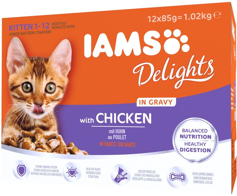 Iams Delights Kitten w sosie, 12 x 85 g - Kurczak