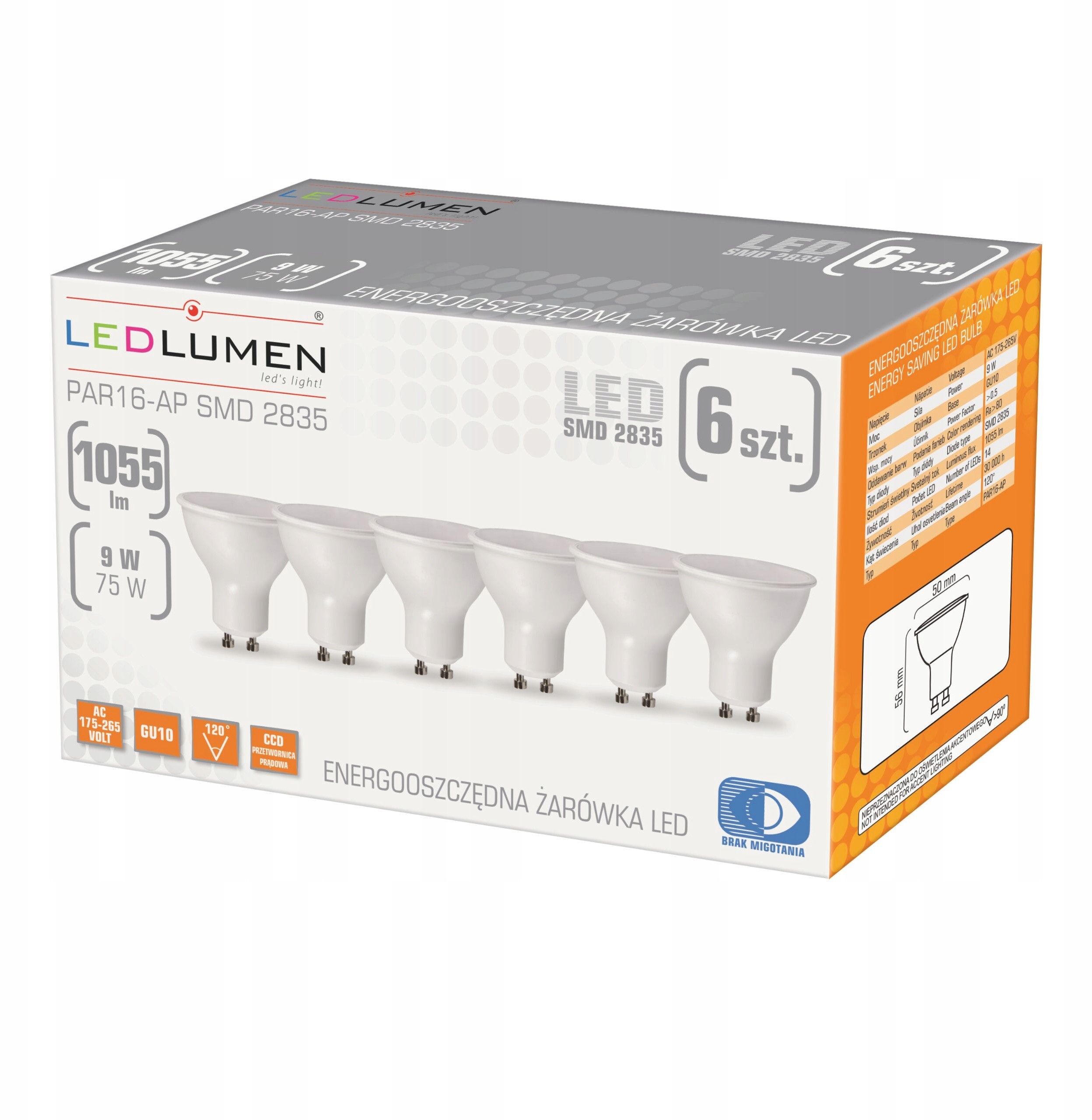 LEDlumen Zestaw 6x Żarówka Led GU10 9W=75W 1055lm