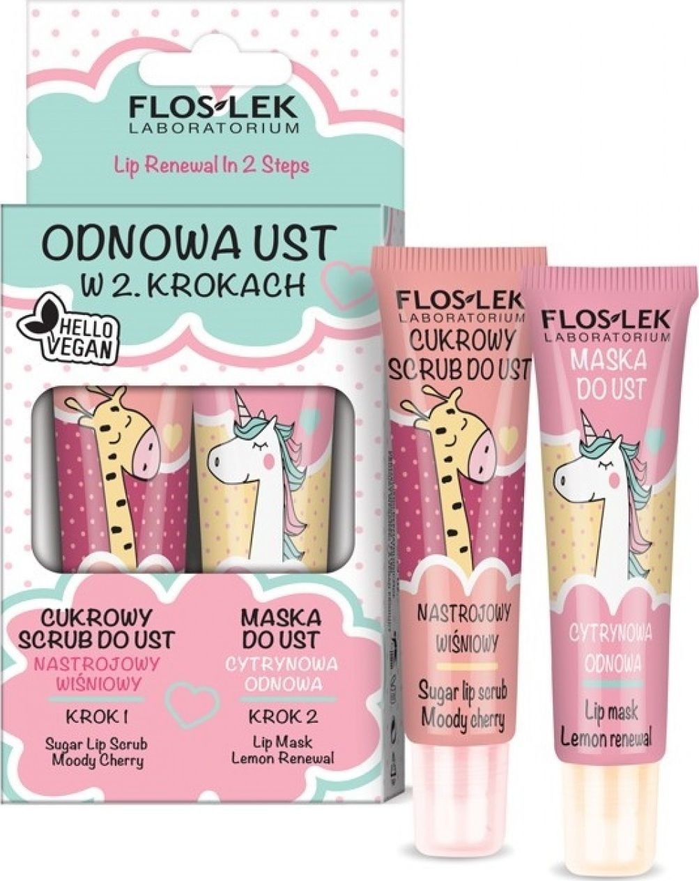 FLOSLEK Floslek Lip Care Vege Zestaw Odnowa Ust Scrub do ust Nastrojowy Wiśniowy 14g+Maska cytrynowa 14g 149681