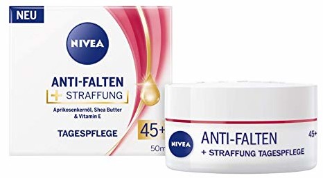 Nivea Krem przeciwzmarszczkowy + ujędrniający pielęgnacja na dzień 45+ (50 ml), krem do twarzy z olejkiem z pestek moreli, masło shea i witaminą E, krem na dzień łagodzi linie i zmarszczki widoczne