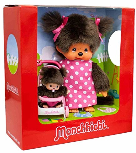 Sekiguchi Sekiguchi 254930 - Oryginalna Monchhichi matka z dzieckiem w wózku, z brązowego pluszu, z sukienką i warkoczami z kokardkami, ok. 20 cm 254930