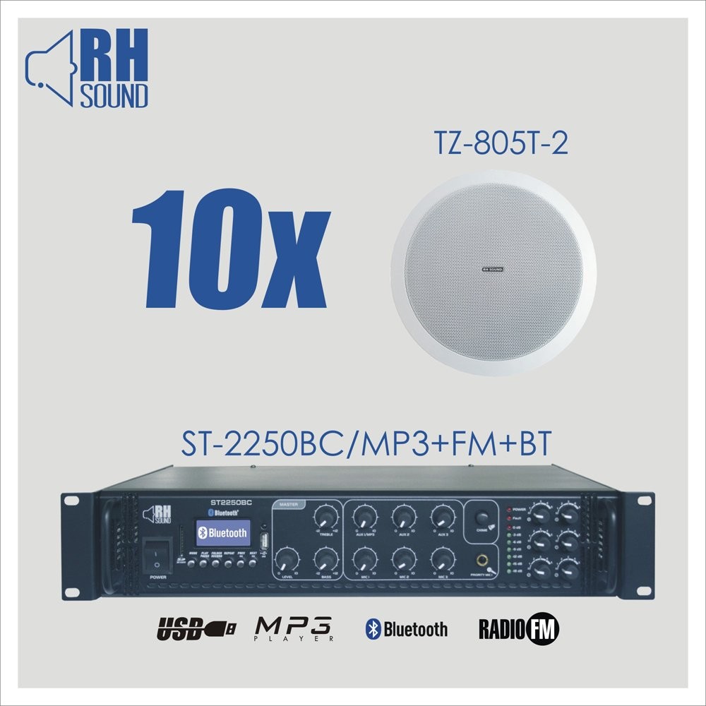 RH Sound ST-2250BC/MP3+FM+BT + 10x TZ-805T-2 - nagłośnienie sufitowe