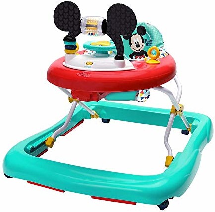 Bright Starts Disney Baby, Micky Maus pomoc w nauce chodzenia ze zdejmowaną stacją do gry, muzyka, stabilna rama, antypoślizgowe nóżki, 3 ustawienia wysokości i nadające się do prania siedzisko