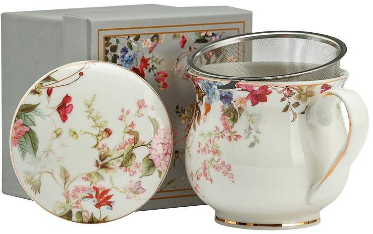 Marco Polo SJ Kubek Porcelanowy Z Zaparzaczem I Pokrywką Wiosenne Kwiaty Ii Biały 480 Ml
