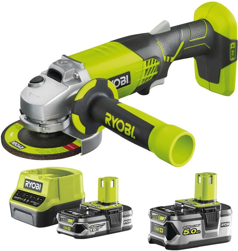 RYOBI Szlifierka kątowa R18AG + akumulator z ładowarką RC18120-115 + akumulator RB18L50 One+ 5 Ah 5133001903