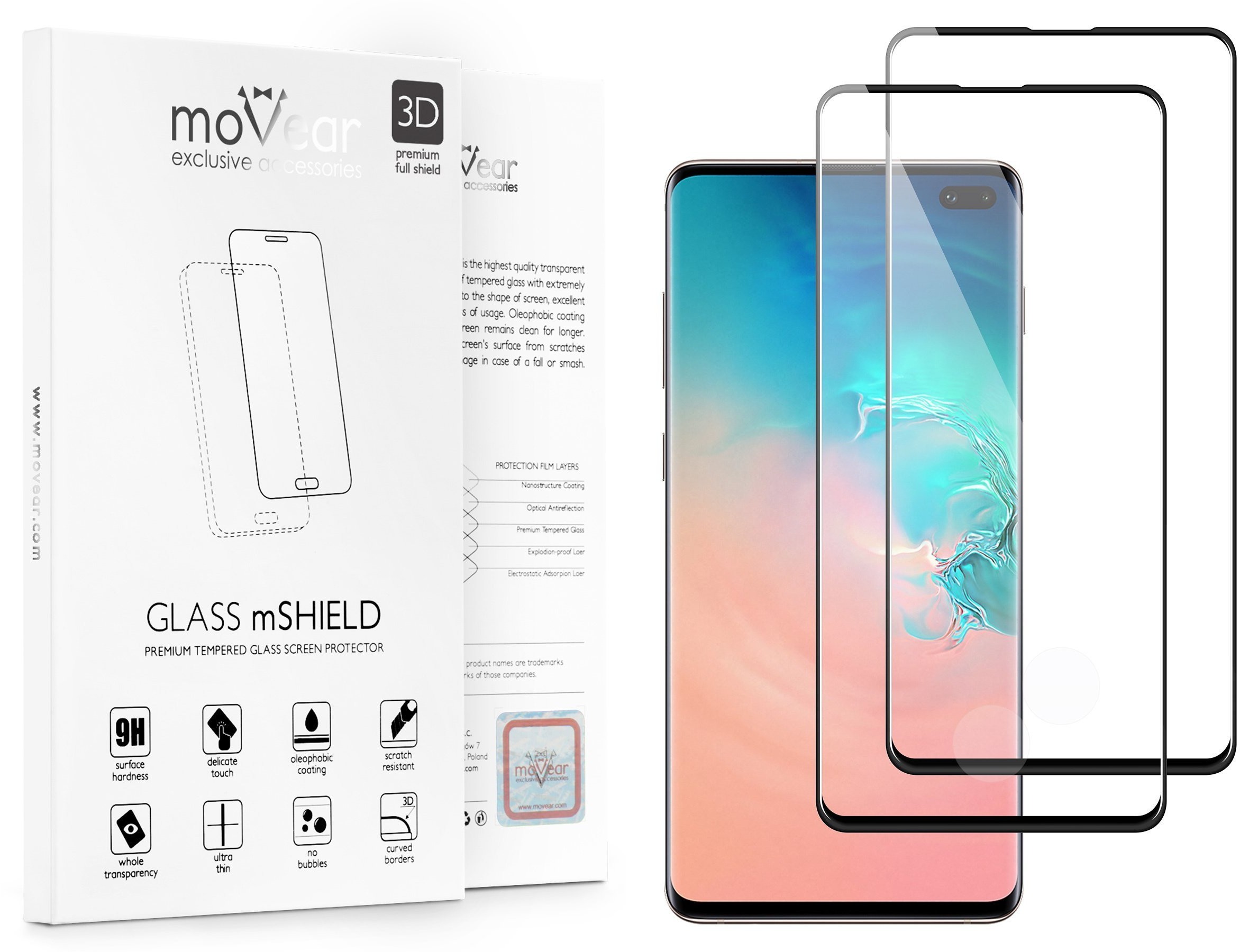 movear 2 szt. Szkło Hartowane 3D na Samsung Galaxy S10+ (Plus), G975F na Cały Ekran GLASS mSHIELD 3D czarny SG10PG3D12ABK2