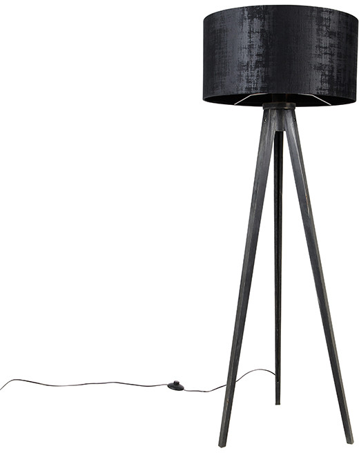 QAZQA Lampa podłogowa statyw czarny z kloszem czarny 50 cm - Tripod Classic