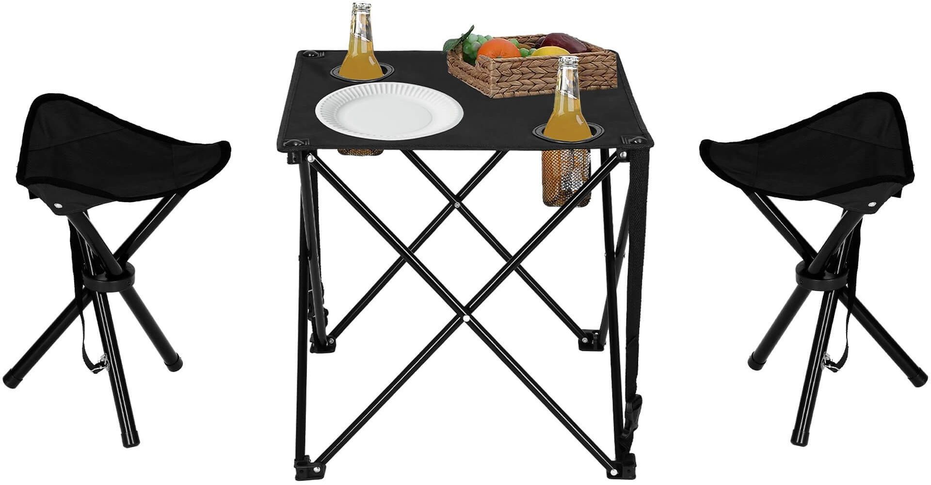 Zestaw turystyczny stolik i 2 krzesła, składane meble kempingowe czarny CS0013+2xCS0009