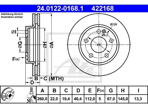 ATE TARCZA HAM 24.0122-0168.1 MERCEDES A170 CDI 98-01, A190 99-04  24.0122-0168.1