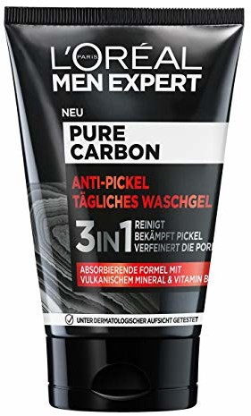 L'Oréal Men Expert Żel myjący do twarzy, przeciw pryszczom dla mężczyzn, z wulkanicznym minerałem i witaminą B3, Pure Carbon, 1 x 100 ml