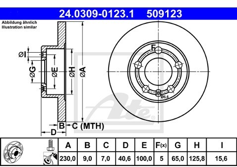 ATE TARCZA HAM POWER DISC 24.0309-0123.1 SEAT IBIZA V 1.0TSI 15-/ SKODA RAPID 1.6TDI 15-/ AUDI A1 1.0TFSI 15-  24.0309-0123.1