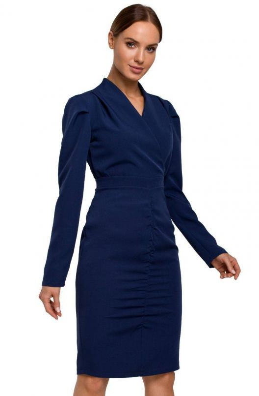 SukienkiShop Sukienka elegancka kopertowa sukienka midi z marszczeniami granatowa - SukienkiShop