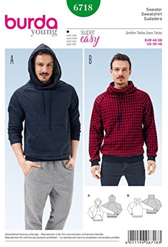 Burda burda 6718 wykrój Sweater bluza z kapturem dla mężczyzn (, rozm. 46  56) Level 1 Super Easy B6718