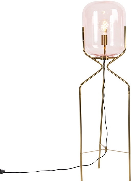 QAZQA Lampa podłogowa w stylu art deco mosiądz z różowym szkłem - Błogość 102121
