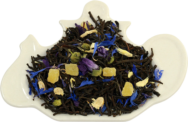Czarna herbata z dodatkiem ananasa, imbiru, chabru, niebieskiej malwy oraz naturalnym aromatem jabłka i pomarańczy