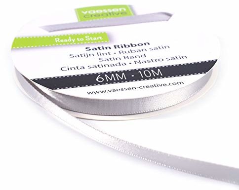 Vaessen Creative Vaessen Creative 301002-1001 Satynowa wstążka srebrna, 6 mm x 10 m, wstążka dekoracyjna, wstążka prezentowa i taśma materiałowa na wesele, chrzest i prezenty urodzinowe, 6 mm 301002-1001