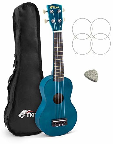 TIGER Tiger Ukulele sopranowe z torbą do przenoszenia, filcowe piórko i sznurki zapasowe, niebieski morski 2501-BL